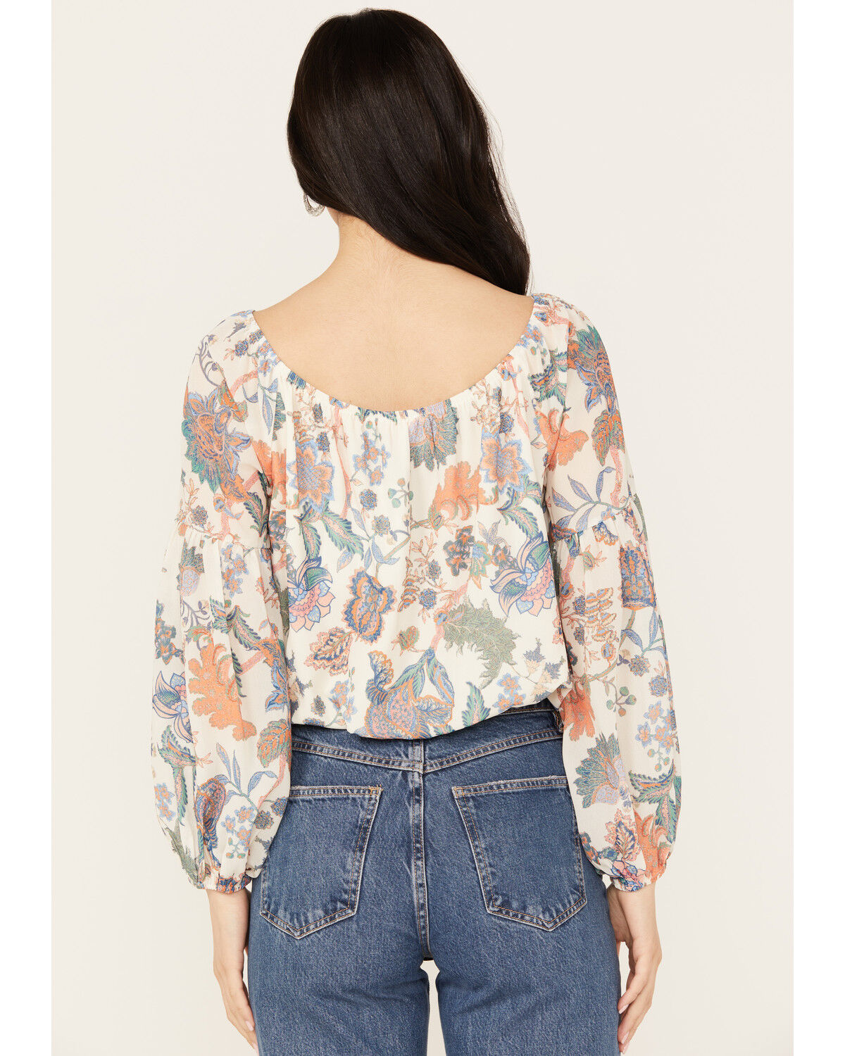 Image #4 - Flying Tomato Women's Floral Long Sleeve Peasant Top, Ivory, hi-res