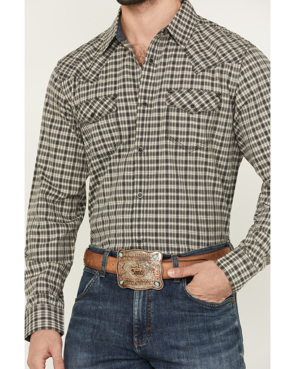 Image #3 - Moonshine Spirit Men's High Strung Dobby Plaid Print Long Sleeve Snap Western Shirt, Navy, hi-res