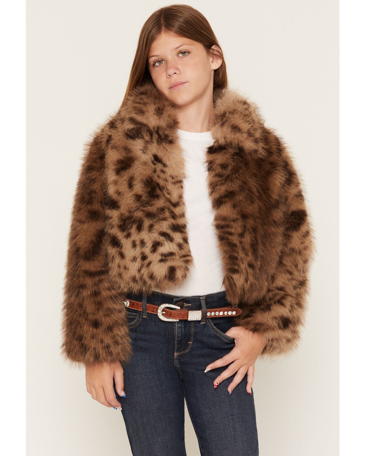 Shyanne Girls' Maggie Leopard Print Faux Fur Jacket, Turquoise, hi-res