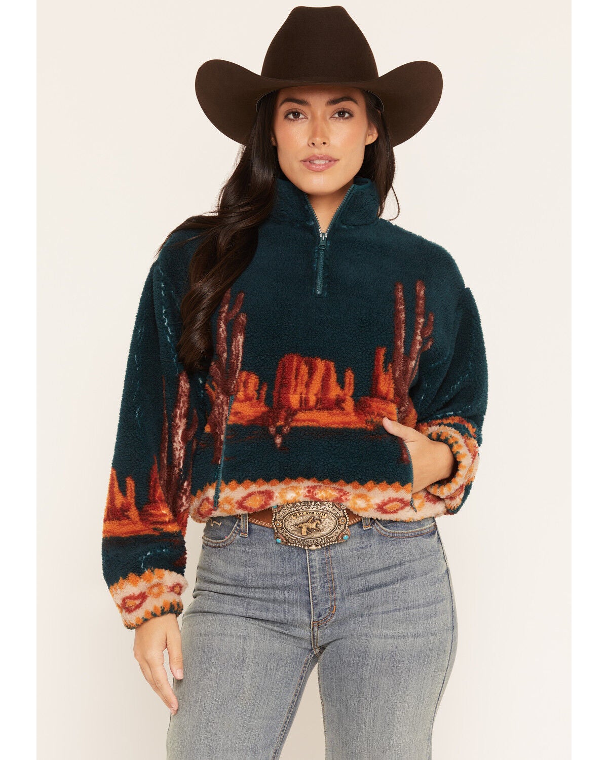 Image #1 - Panhandle Women's Desert Print 1/4 Zip Sherpa Pullover, Teal, hi-res