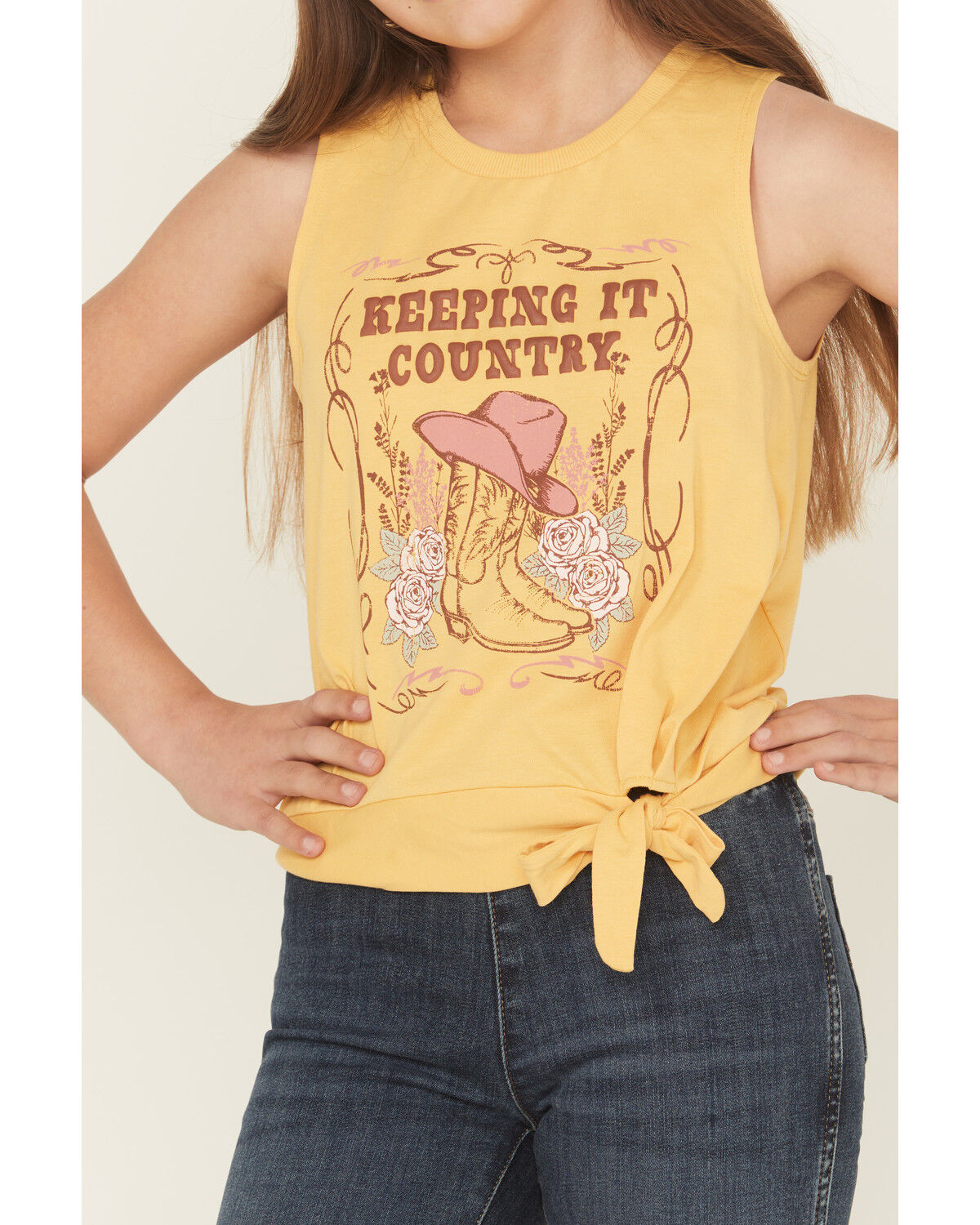 Image #3 - Buttercup Girls Keeping It Country Sleeveless Graphic Tank Top, Mustard, hi-res