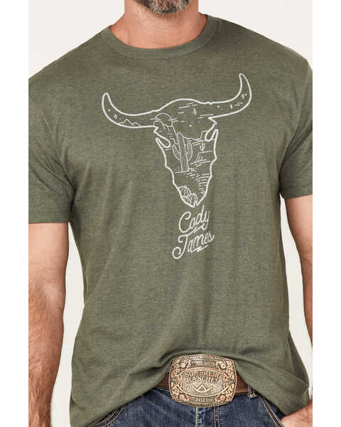 Cody James Men's Linear Scenic Longhorn Skull Graphic T-Shirt , Olive, hi-res
