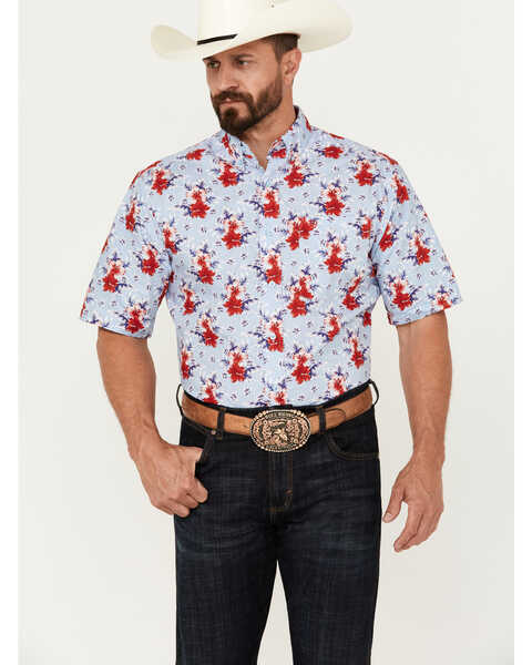 Image #1 - Ariat Men's Jeremiah Floral Print Short Sleeve Button-Down Western Shirt - Tall, Light Blue, hi-res