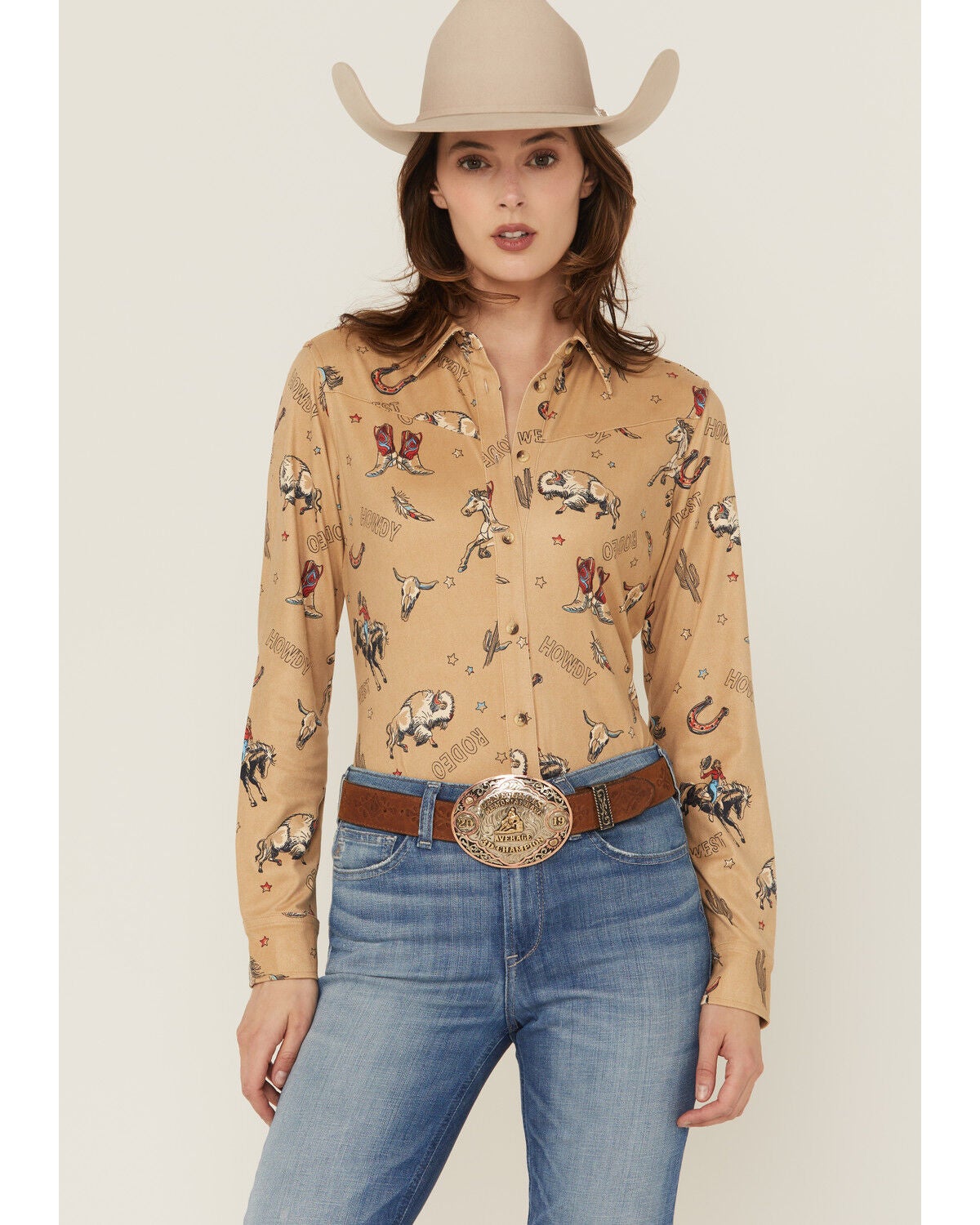 Shyanne Women's Conversational Western Print Faux Suede Long Sleeve Button-Down Western Shirt, Khaki, hi-res