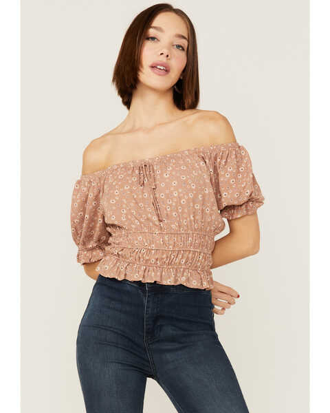 Image #1 - Wild Moss Women's Plush Daisy Off The Shoulder Ruched Top, Blush, hi-res