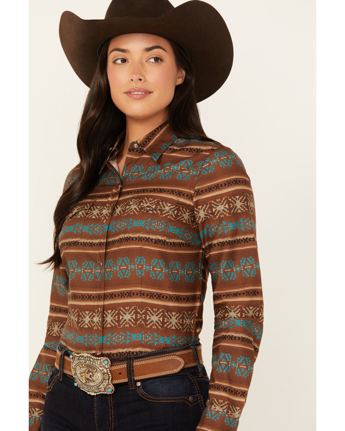 Image #2 - Roper Women's Southwestern Print Long Sleeve Snap Western Shirt, Brown, hi-res