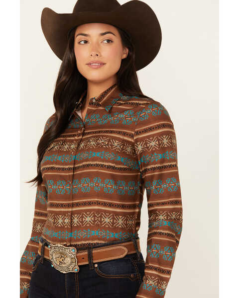 Image #2 - Roper Women's Southwestern Print Long Sleeve Snap Western Shirt , Brown, hi-res