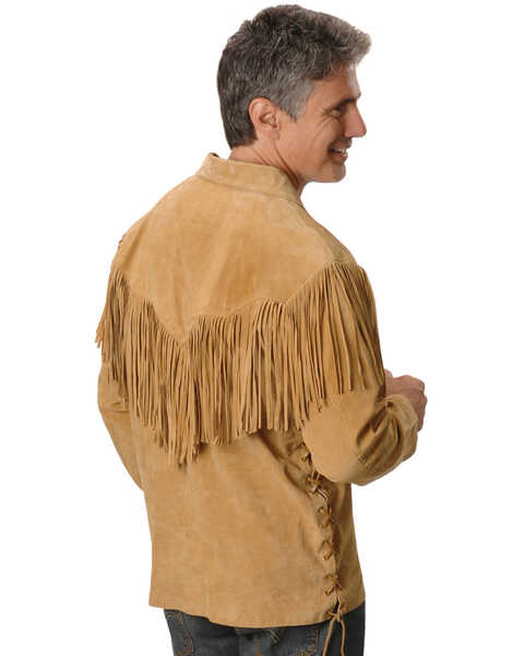 Image #3 - Scully Men's Fringed Boar Suede Leather Long Sleeve Western Shirt, Tan, hi-res