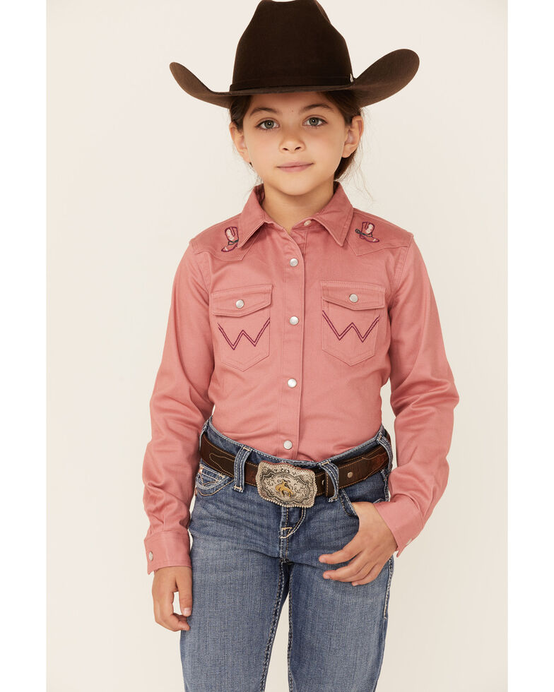 Wrangler Girls' Pink Long Sleeve Western Shirt, Pink, hi-res