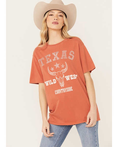 Image #1 - Mainstrip Women's Texas Rhinestone Short Sleeve Graphic Tee , Orange, hi-res