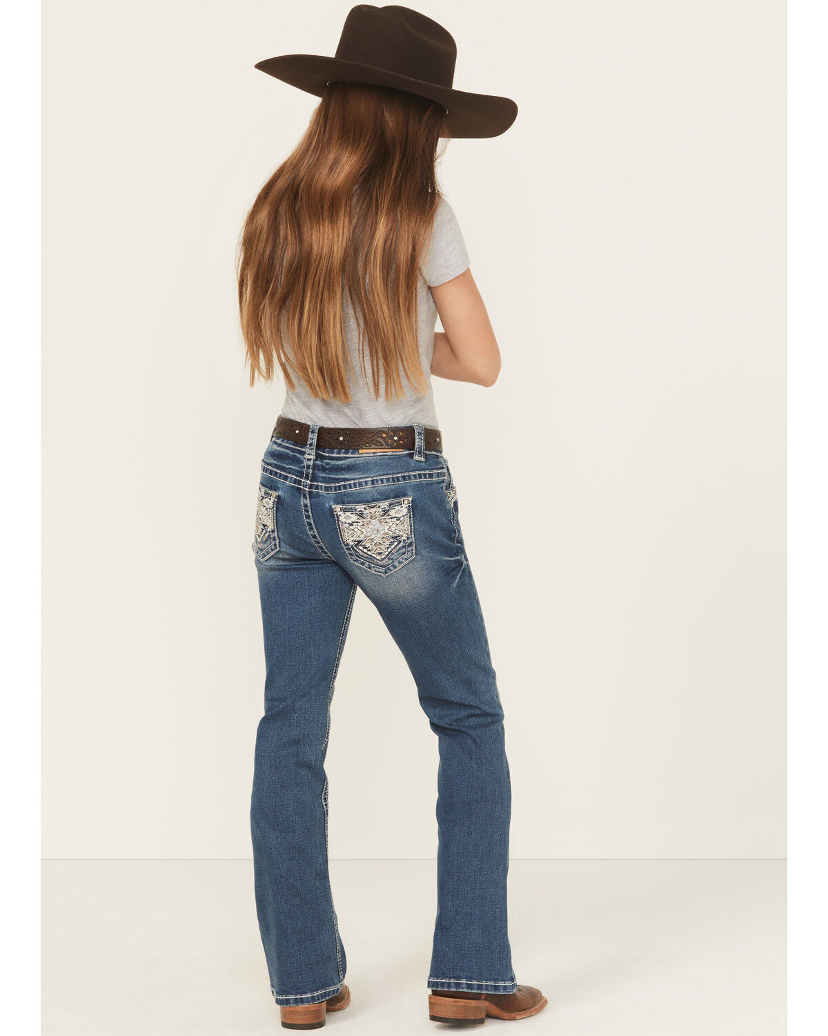 Image #1 - Shyanne Girls' Medium Wash Southwestern Pocket Bootcut Stretch Denim Jeans, Medium Wash, hi-res