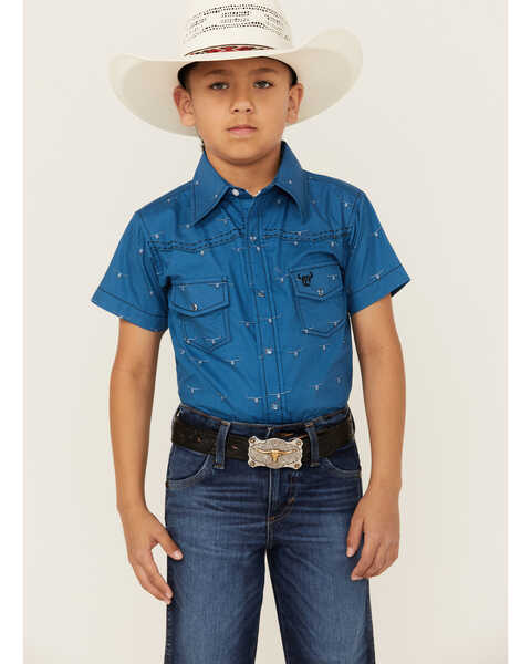 Cowboy Hardware Boys' Steerhead Print Short Sleeve Snap Western Shirt , Blue, hi-res