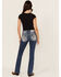 Image #1 - Miss Me Women's Medium Wash Mid Rise Fleur de Lis Pocket Bootcut Stretch Denim Jeans, Medium Wash, hi-res