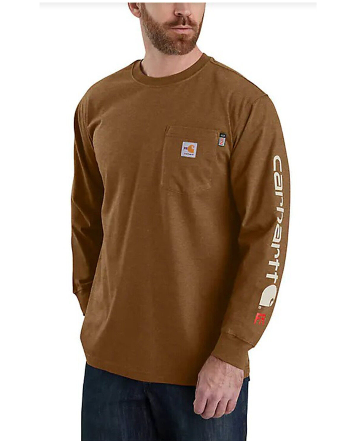 Image #1 - Carhartt Men's FR Force® Loose Fit Midweight Long Sleeve Logo Graphic T-Shirt, Brown, hi-res