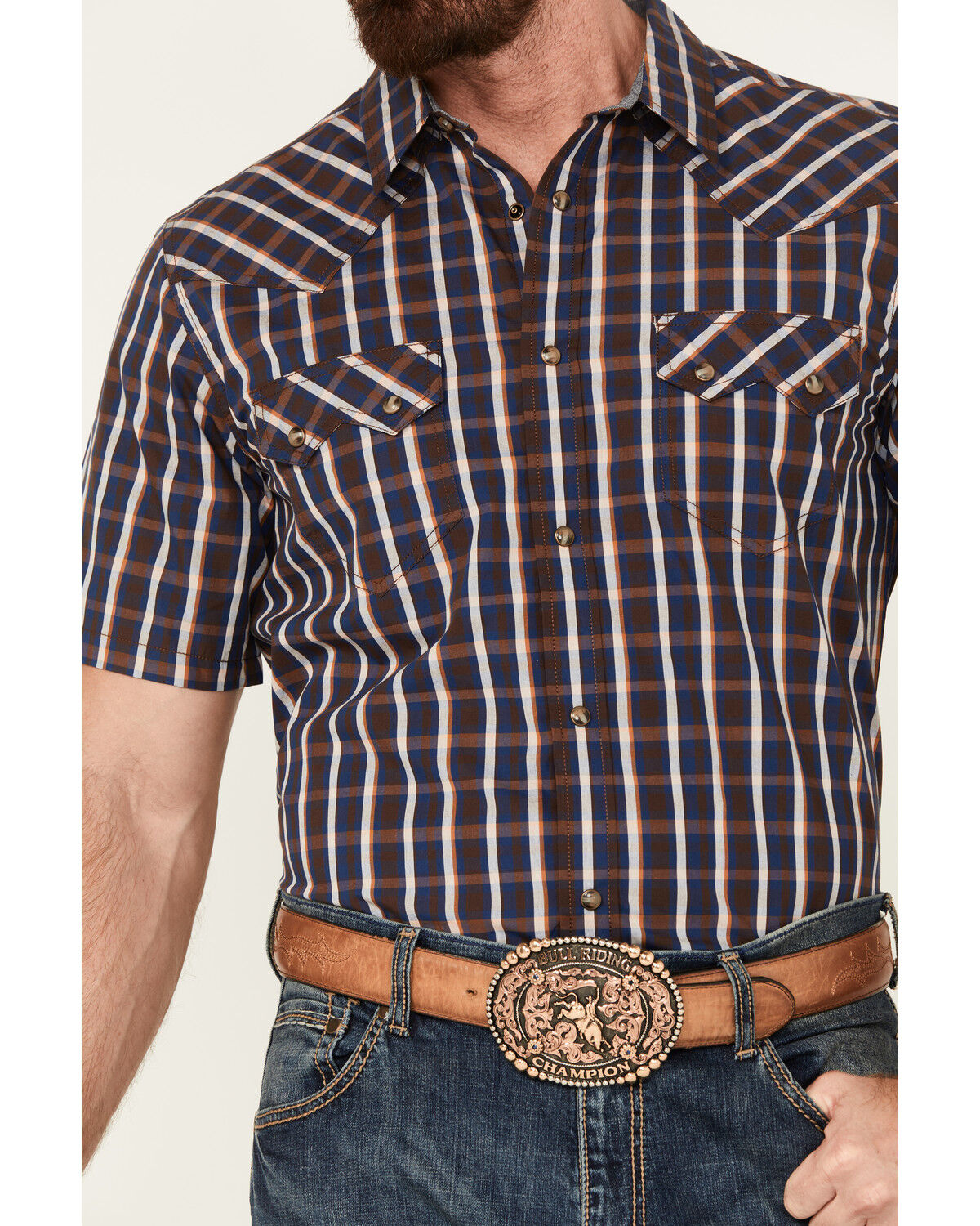 Image #3 - Cody James Men's Joe Plaid Print Short Sleeve Snap Western Shirt, Brown, hi-res