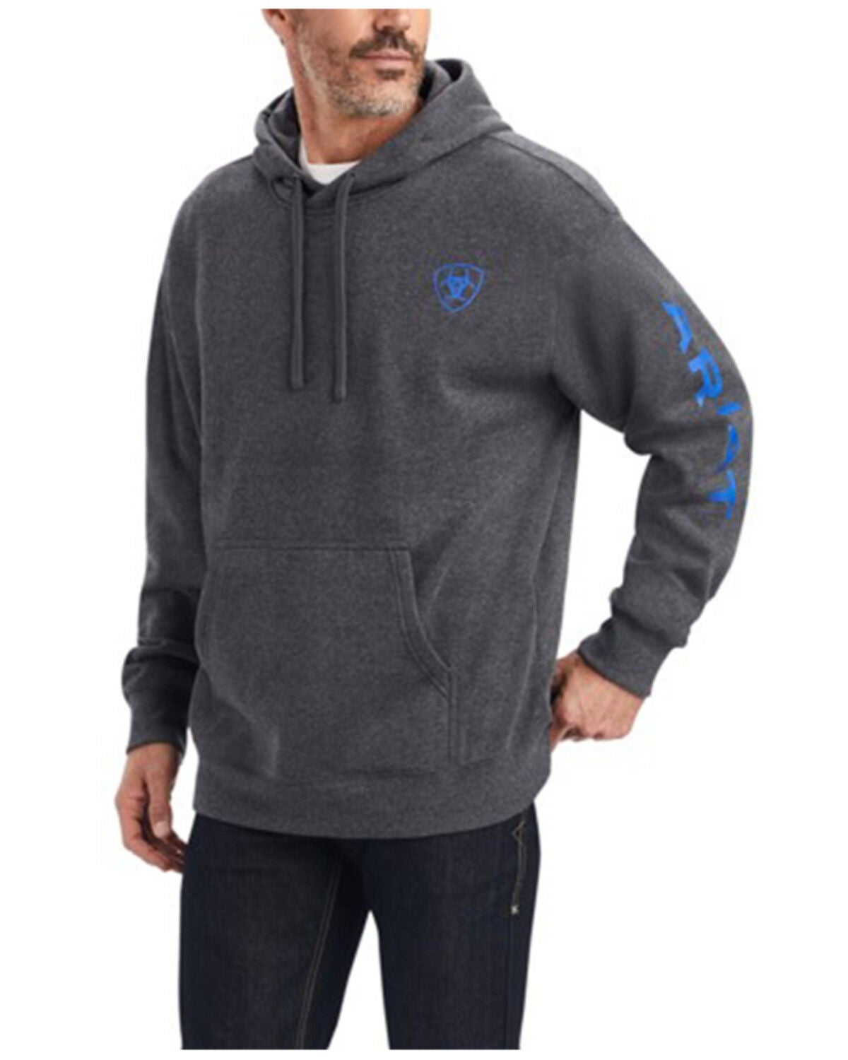 Image #1 - Ariat Men's Logo Graphic Hooded Sweatshirt - Tall, Charcoal, hi-res