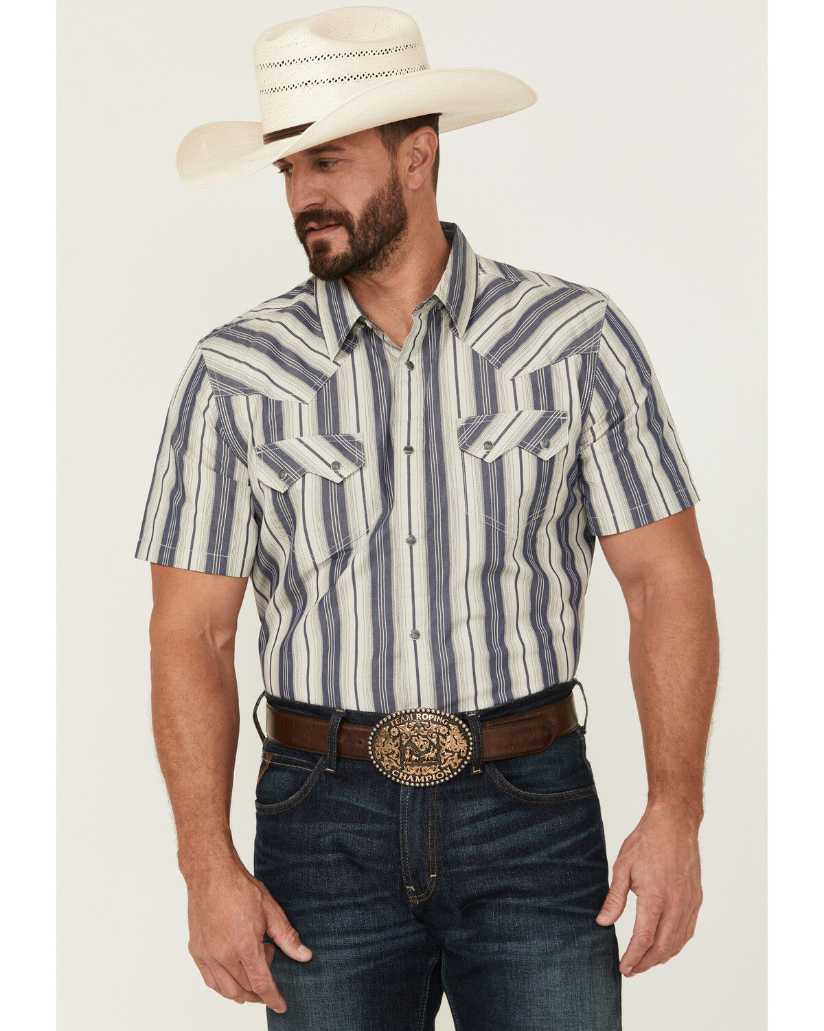 Image #1 - Cody James Men's Roman Striped Short Sleeve Snap Western Shirt, Blue, hi-res