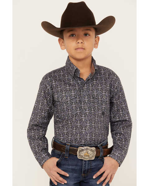 Image #1 - Roper Boys' Amarillo Ornate Geo Print Long Sleeve Snap Western Shirt, Grey, hi-res