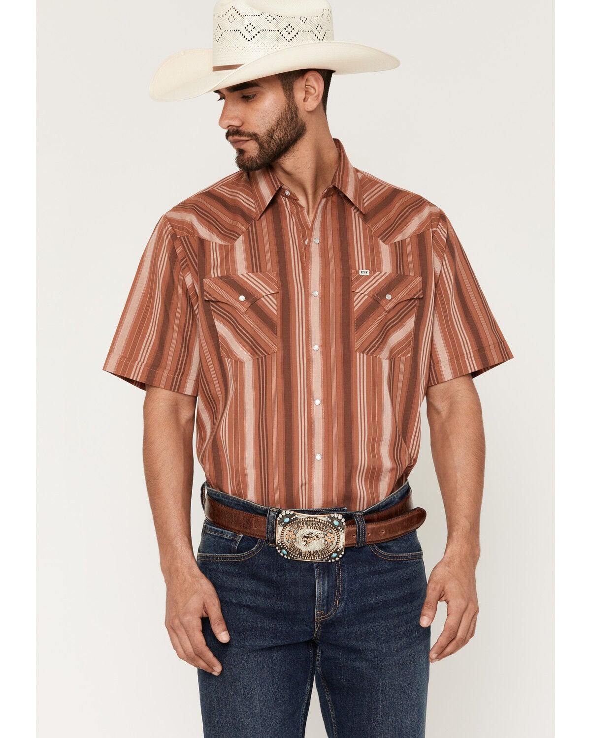 Image #1 - Ely Walker Men's Striped Short Sleeve Pearl Snap Western Shirt, Rust Copper, hi-res