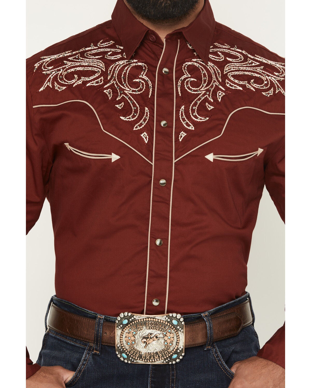 Image #3 - Rodeo Clothing Men's Embroidered Embellished Long Sleeve Snap Western Shirt, Burgundy, hi-res