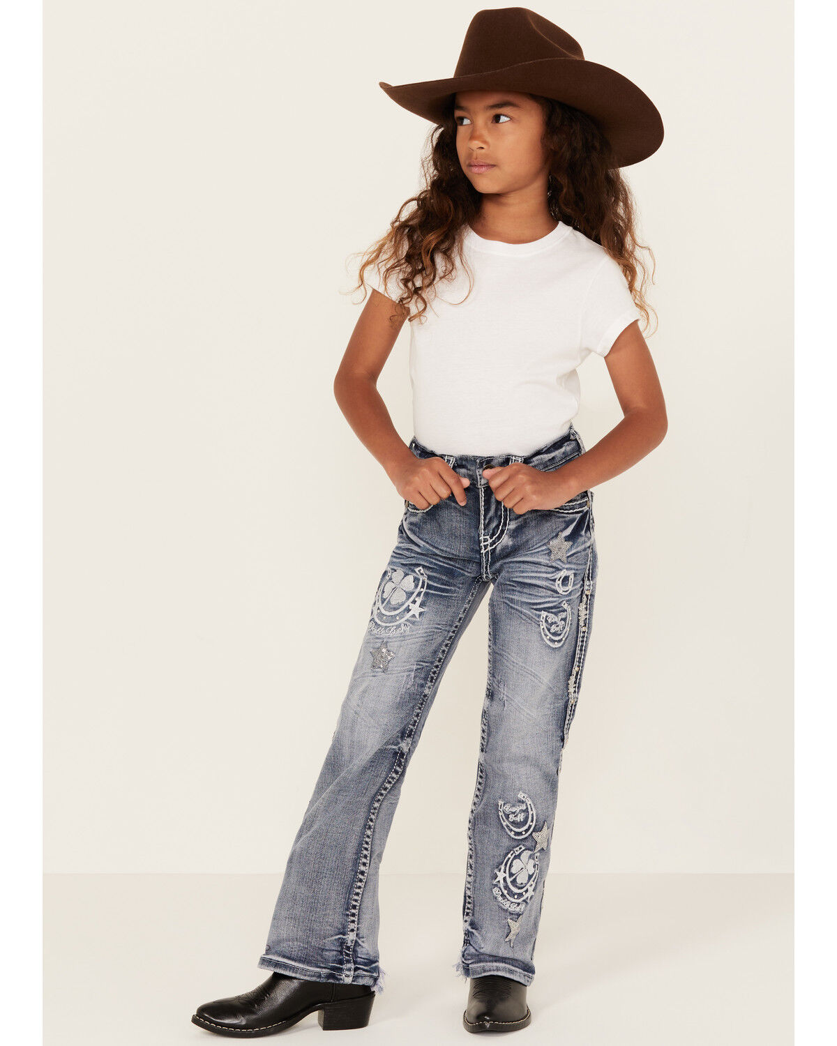 Image #1 - Cowgirl Tuff Girls Double Lucky Mid Rise Bootcut Stretch Denim Jeans, Blue, hi-res