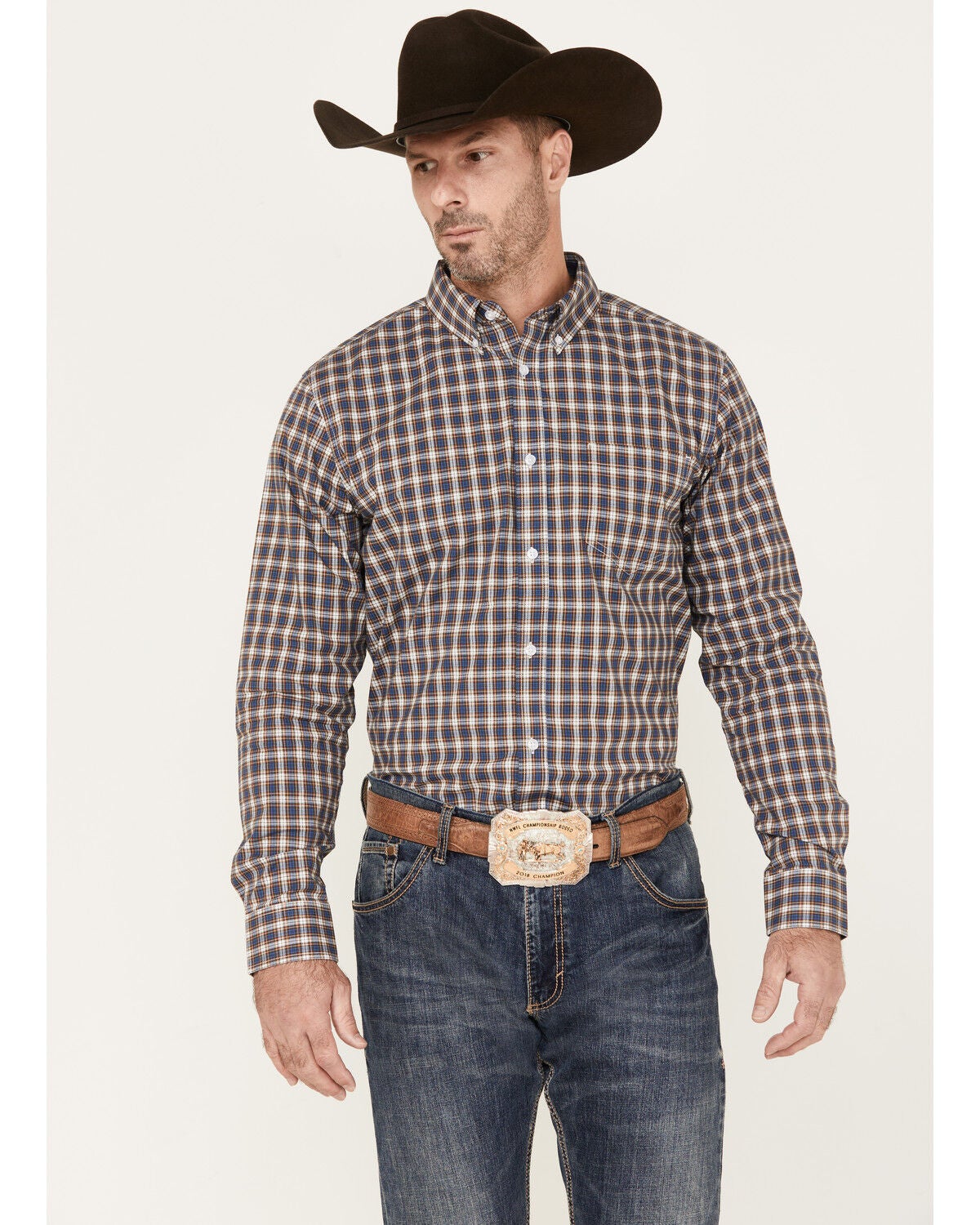 Image #1 - Cody James Men's Wes Plaid Print Long Sleeve Button-Down Stretch Western Shirt, Cream, hi-res