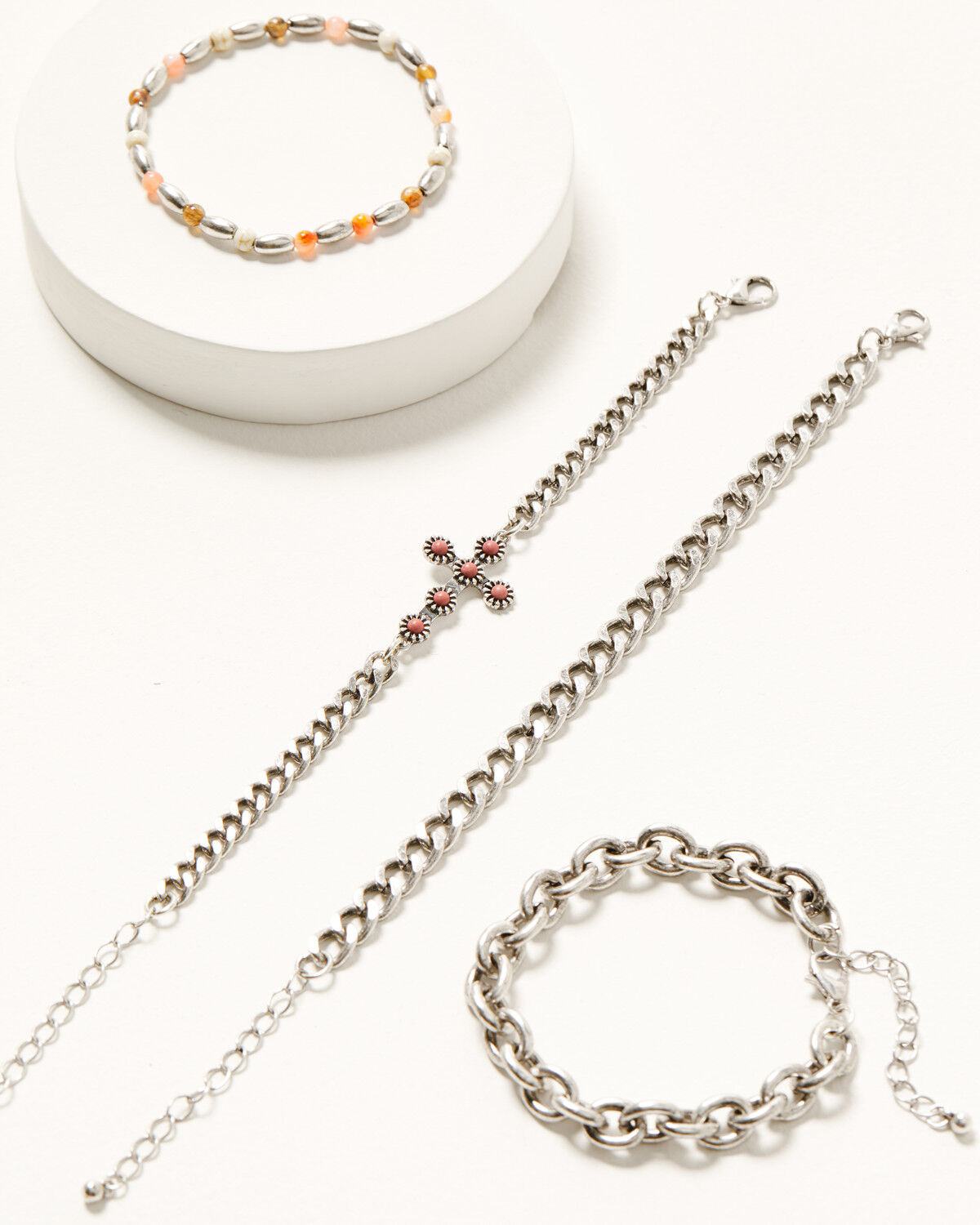 Image #1 - Shyanne Women's Cross And Beaded Chain Layered Bracelet Set - 4 Piece Set, Pink, hi-res