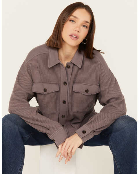 Image #1 - Cleo + Wolf Women's Oversized Knit Button Up Shirt, Purple, hi-res