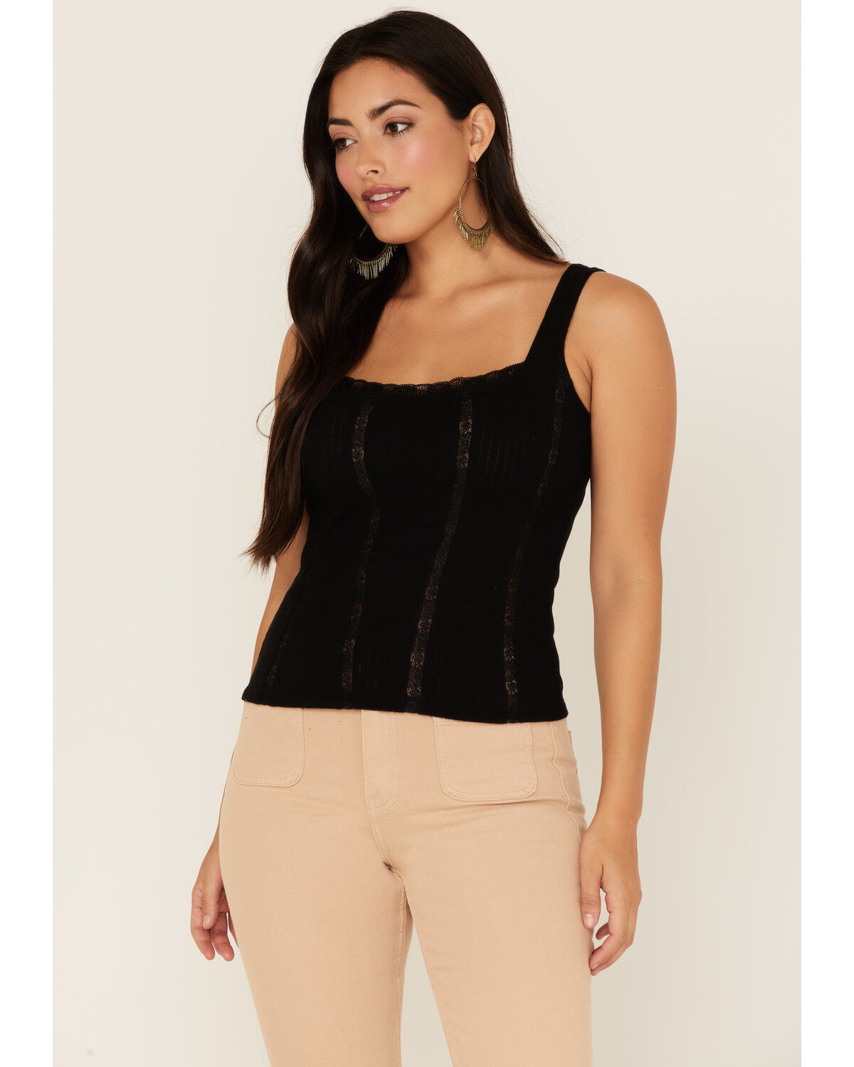 Image #1 - Idyllwind Women's Sparrow Pointelle Rib Lace Tank, Black, hi-res