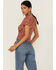 Wild Moss Women's Short Sleeve Cinch Front Paisley Print Knit Top, Rust Copper, hi-res