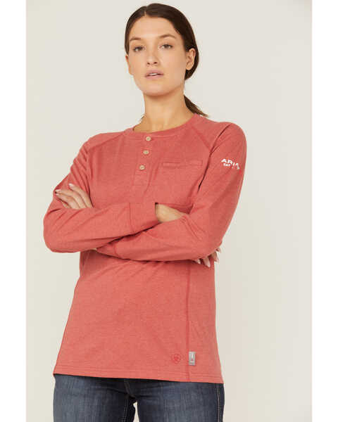 Image #1 - Ariat Women's FR Air Henley Long Sleeve Work Pocket Shirt , Red, hi-res