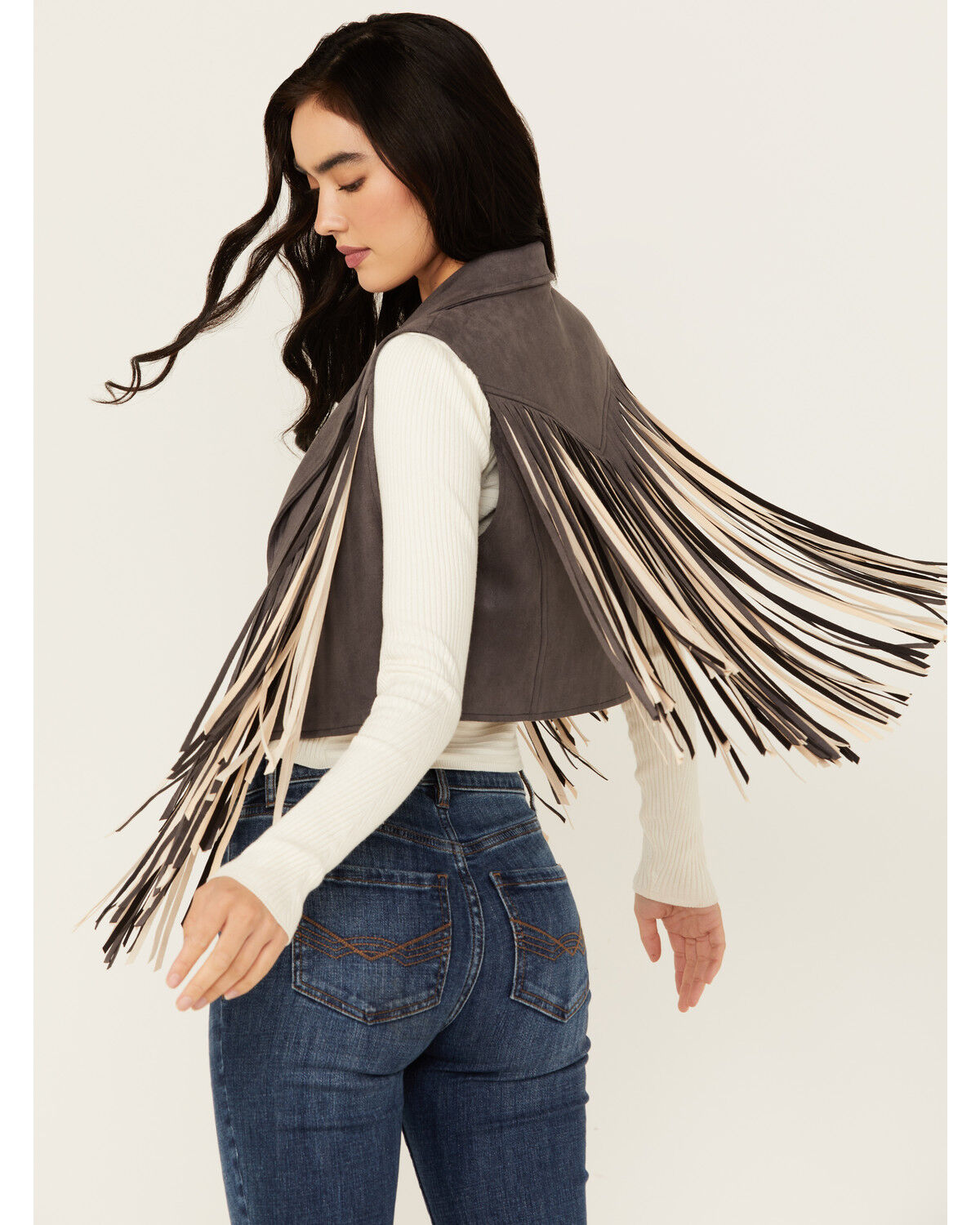 Image #4 - Saints & Hearts Women's Contrast Fringe Faux Suede Vest, Grey, hi-res