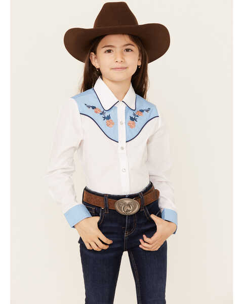 Image #1 - Ely Walker Girls' Embroidered Yoke Solid Long Sleeve Pearl Snap Western Shirt , White, hi-res