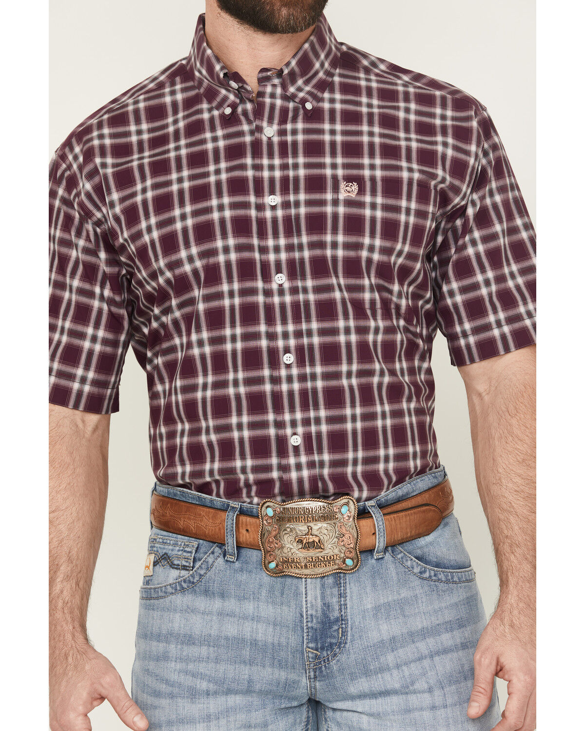 Image #3 - Cinch Men's Plaid Print Short Sleeve Button-Down Western Shirt, Purple, hi-res