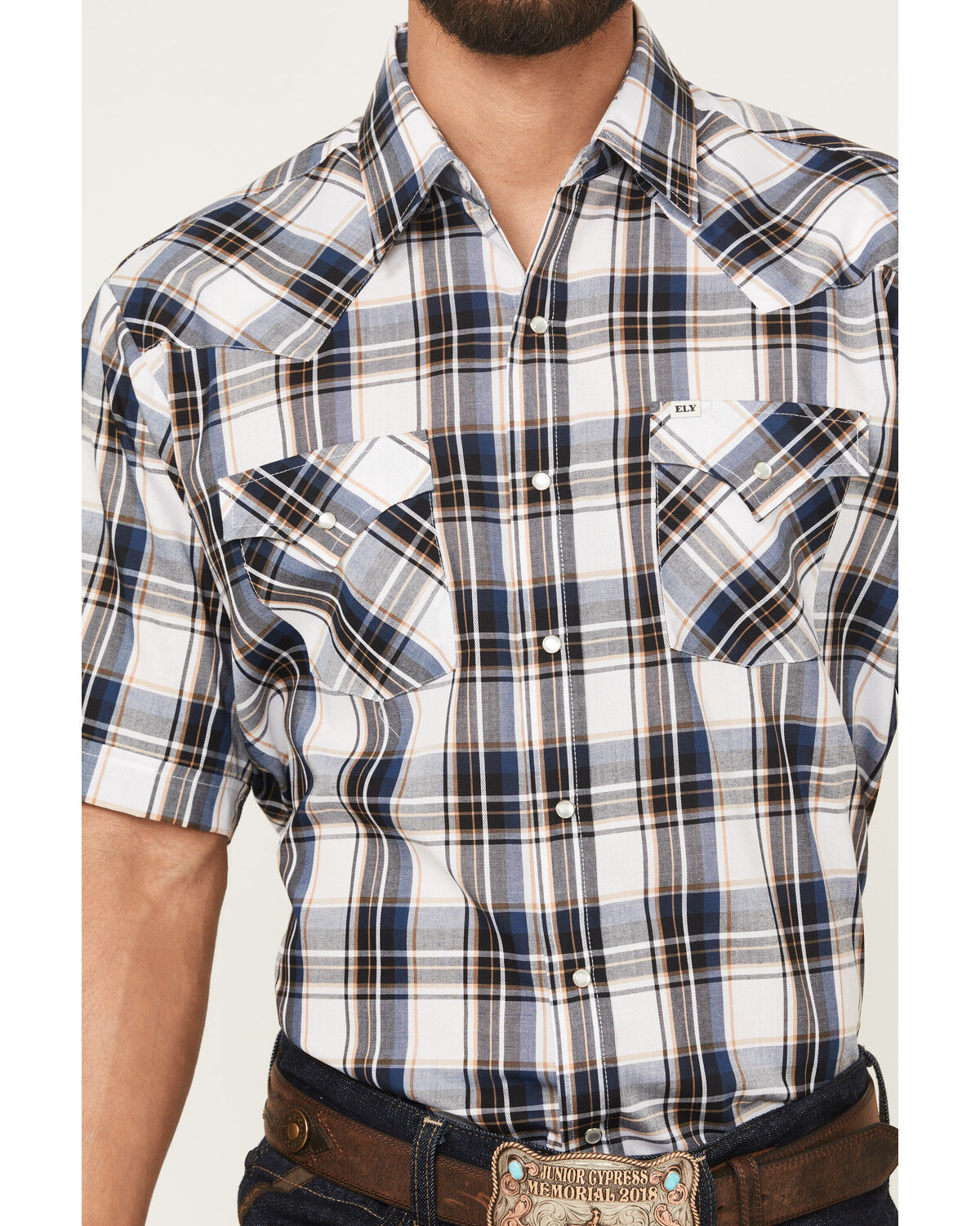 Image #3 - Ely Walker Men's Plaid Print Short Sleeve Snap Western Shirt, Navy, hi-res