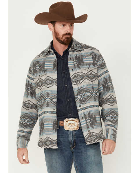 Wrangler Retro Men's Southwestern Print Premium Jacquard Long Sleeve Snap Shirt, Grey, hi-res