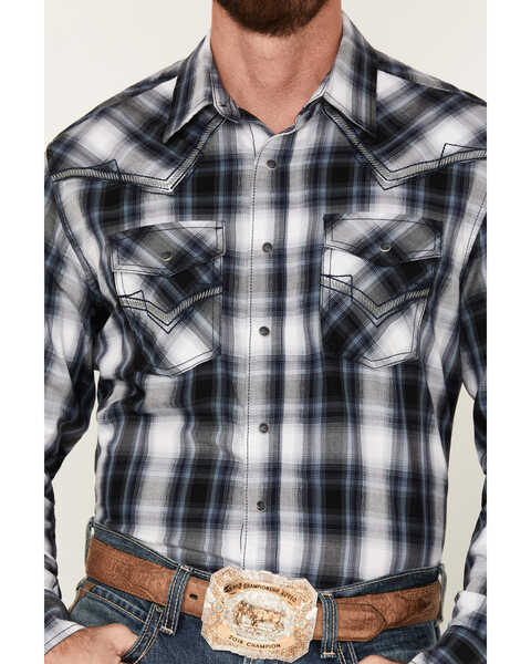 Rock 47 by Wrangler Men's Plaid Print Long Sleeve Snap Western Shirt, Black, hi-res