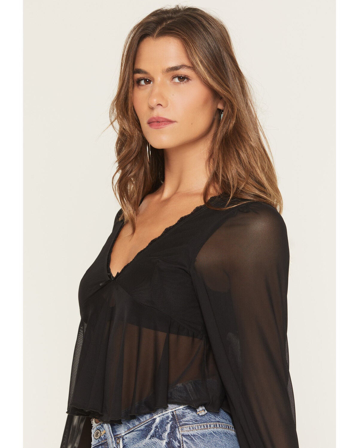 Image #2 - Wild Moss Women's Sheer Printed Long Sleeve Baby Doll Top, Black, hi-res