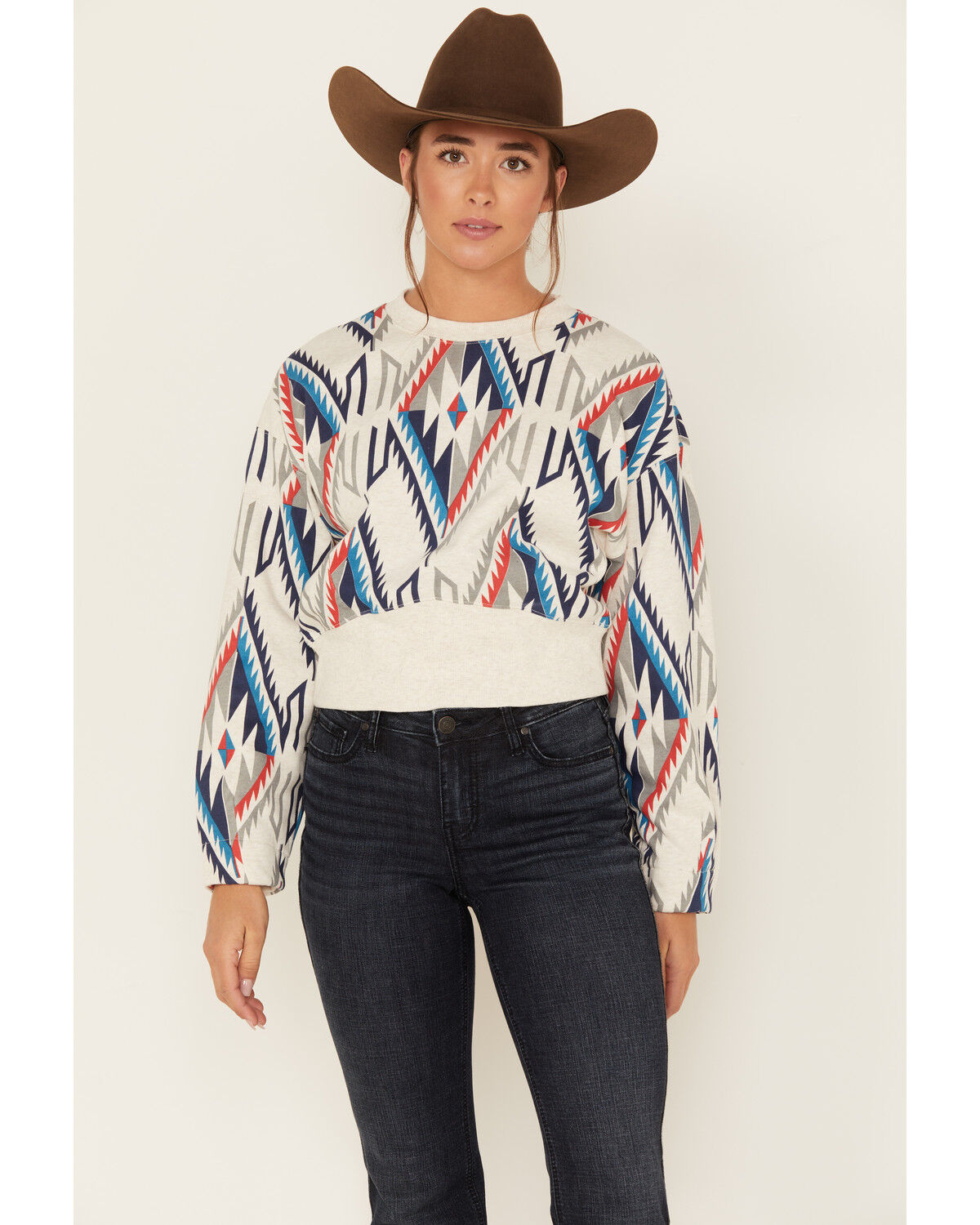 Image #1 - Ariat Women's Chimayo Southwestern Cropped Pullover, Ivory, hi-res
