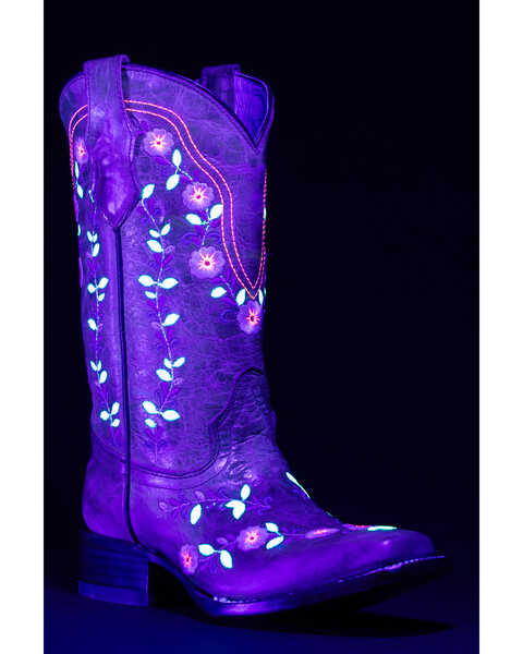 Image #2 - Corral Girls' Floral Embroidered Blacklight Western Boots - Square Toe , Honey, hi-res