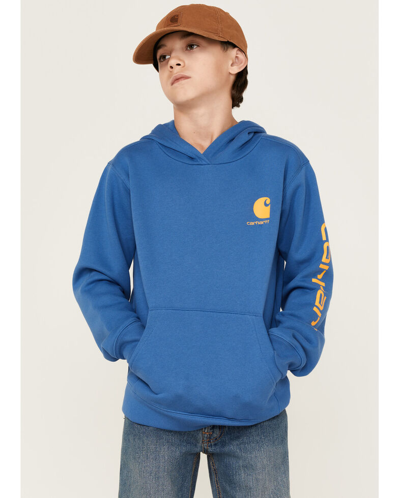 Carhartt Boys' Logo Graphic Long Sleeve Hooded Pullover Sweatshirt, Blue, hi-res