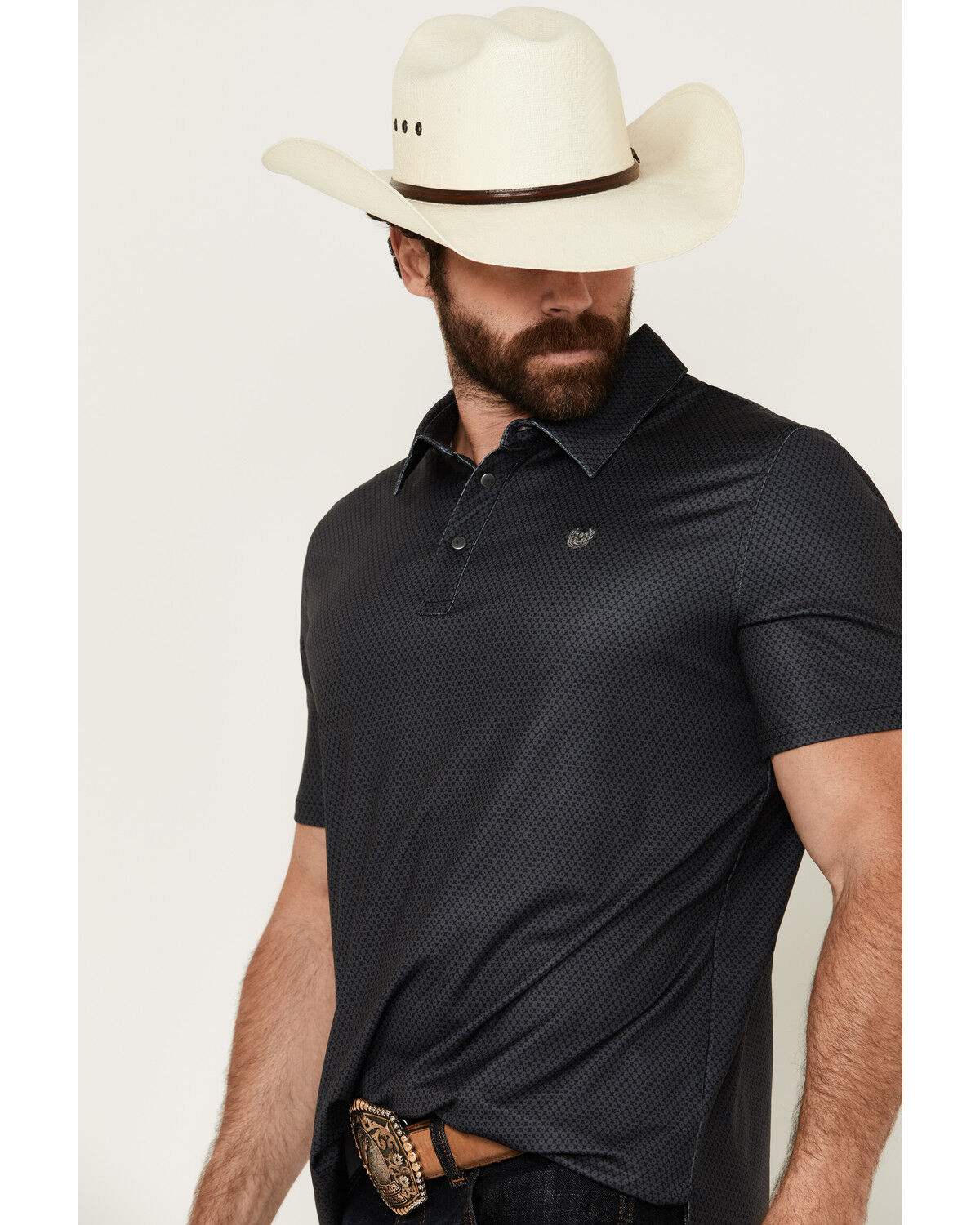 Image #2 - Panhandle Men's Geo Print Short Sleeve Stretch Polo Shirt, Charcoal, hi-res