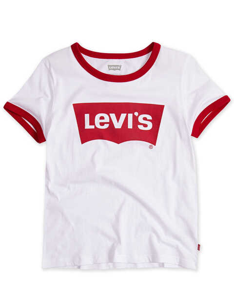 Image #1 - Levi's Girls' Batwing Logo Short Sleeve Ringer Tee, White, hi-res