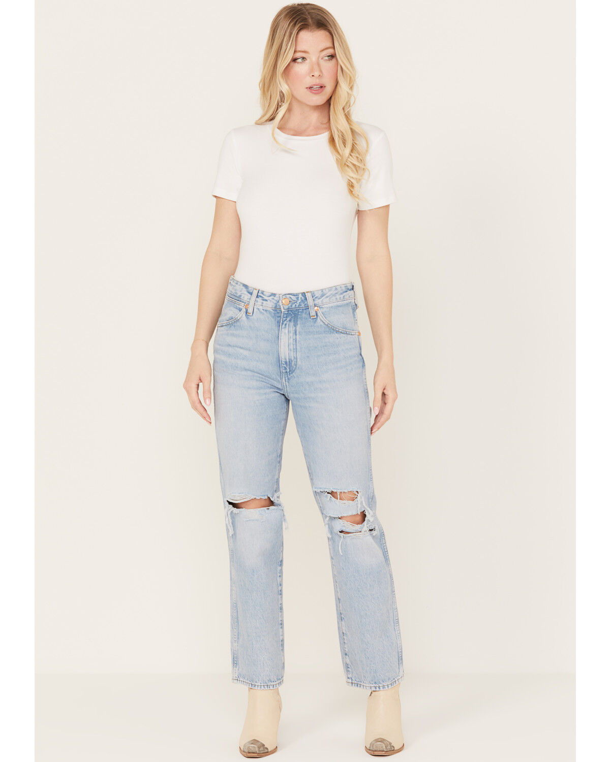 Image #1 - Wrangler Women's Bad Intentions Wild West 603 Destructed Straight Jeans, Blue, hi-res
