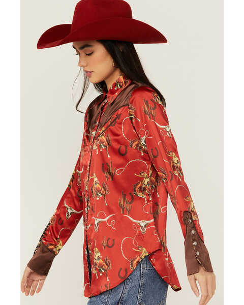 Image #2 - Rodeo Quincy Women's Horse Print Long Sleeve Pearl Snap Western Shirt , Red, hi-res