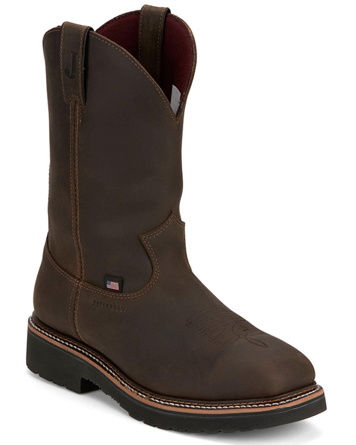 Image #1 - Justin Men's 11" Billings USA Waterproof Pull-On Work Boots - Steel Toe, Dark Brown, hi-res