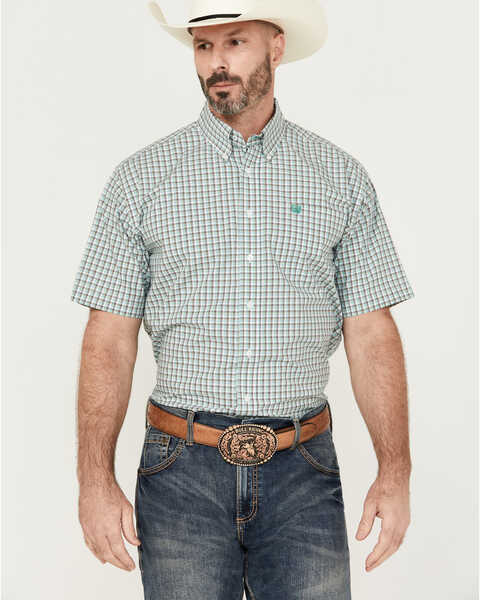 Image #1 - Cinch Men's Plaid Print Short Sleeve Button-Down Western Shirt, Green, hi-res