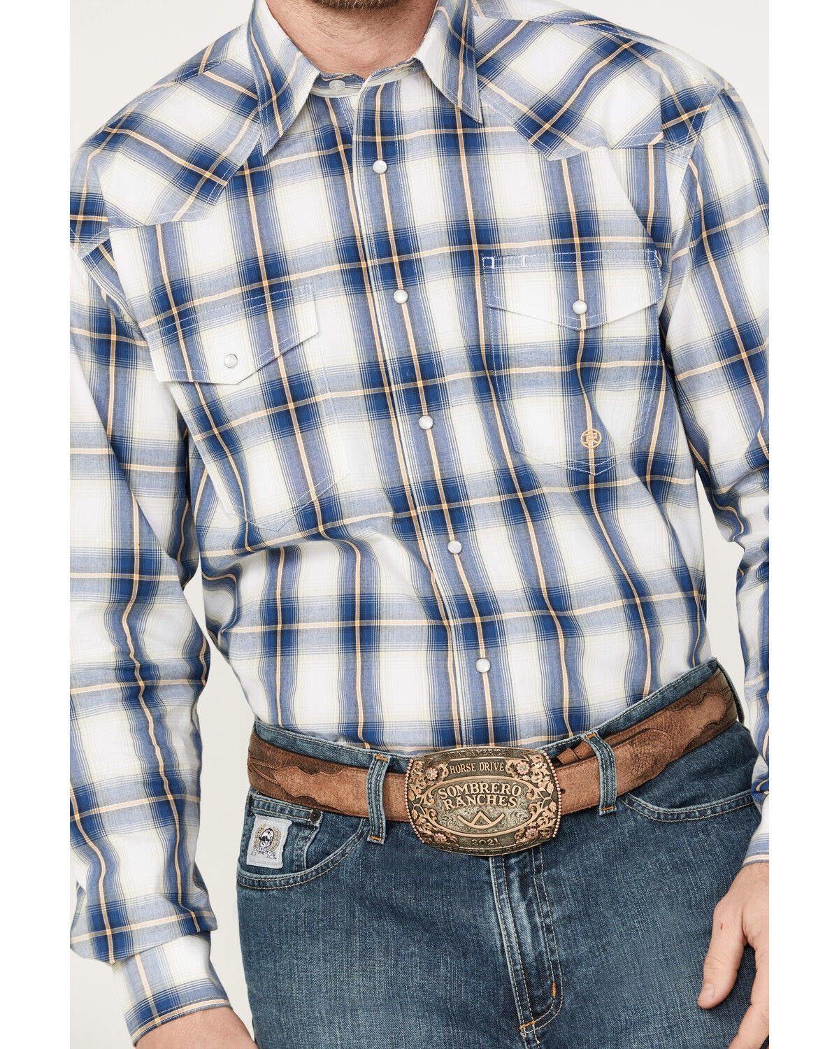 Image #3 - Roper Men's Amarillo Plaid Print Long Sleeve Western Pearl Snap Shirt, Blue, hi-res