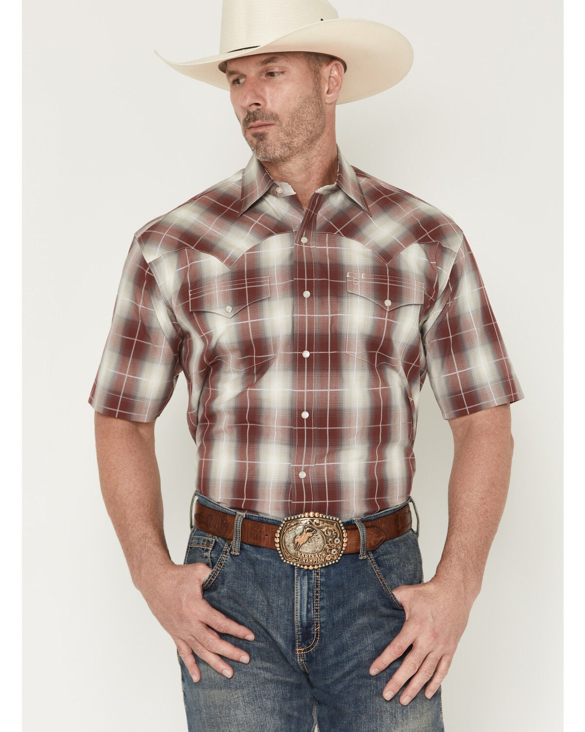 Image #1 - Stetson Men's Plaid Print Short Sleeve Snap Western Shirt, Burgundy, hi-res