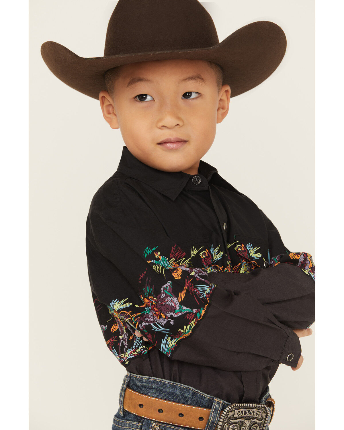 Image #3 - Roper Boys' Striped Border Print Long Sleeve Snap Western Shirt, Black, hi-res